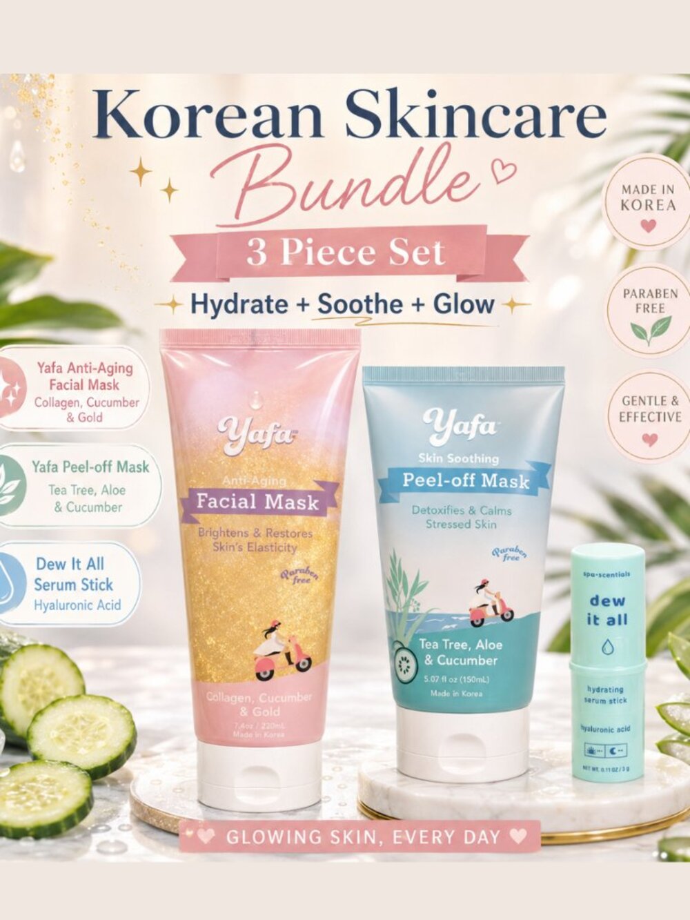 Yafa Korean Skincare Bundle | 2 Facial Masks + Hydrating Hyaluronic Acid Serum